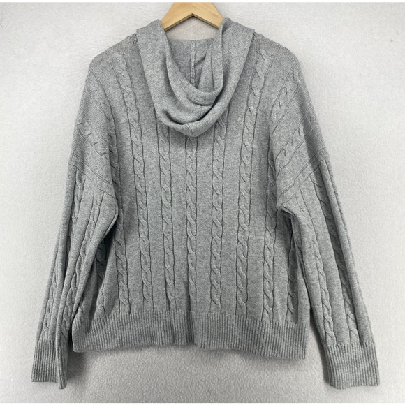 T by TALBOTS Sweater XL Rib Cable Boxy Hoodie Jumper Pullover Cotton Blend Gray - Picture 3 of 11